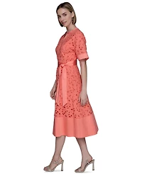 Karl Lagerfeld Paris Petite Cotton Button-Front Eyelet Dress