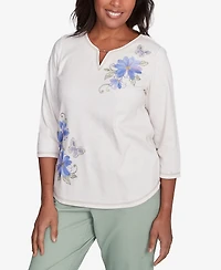 Alfred Dunner Petite Santa Fe Asymmetric Butterfly Floral Embroidered Top
