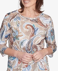 Alfred Dunner Petite Summer Solstice Twisted Crew Neck Paisley Top