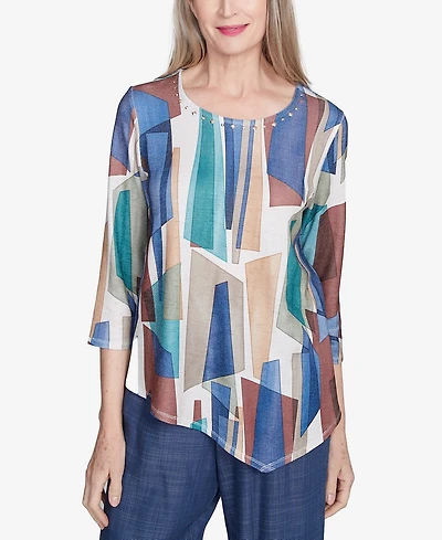 Alfred Dunner Petite Summer Solstice Abstract Stained Glass Crew Neck Top