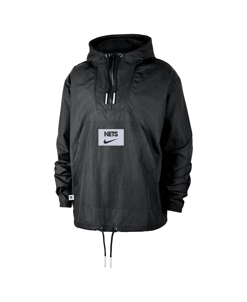 Nike Men's Black Brooklyn Nets Courtside Premium Club Anorak Quarter-Zip Pullover Hoodie