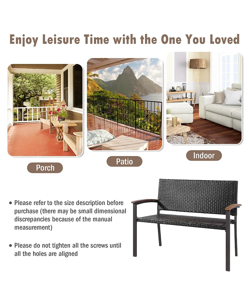 2 Pcs Outdoor Patio Rattan Wicker Bench Loveseat Chair Armrest Garden