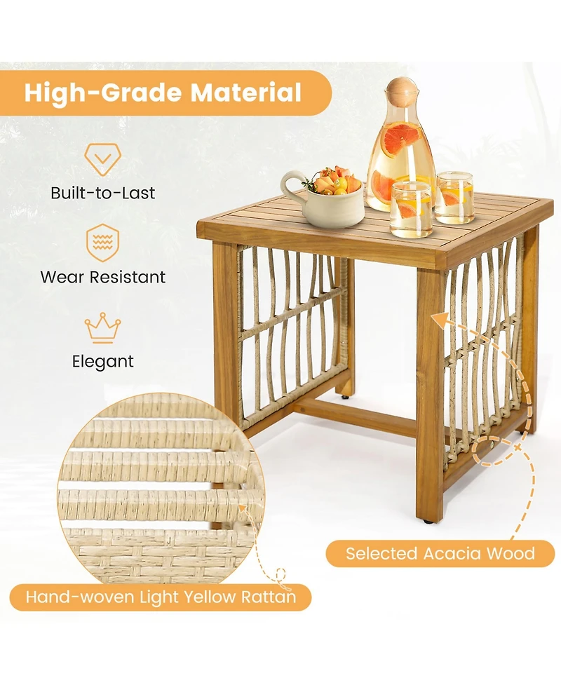 Gymax 3PCS Patio Acacia Wood Pe Wicker Furniture Set w/ Soft Seat & Back Cushions