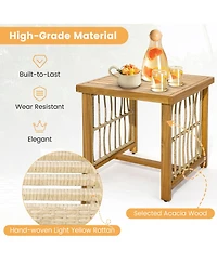 Gymax 3PCS Patio Acacia Wood Pe Wicker Furniture Set w/ Soft Seat & Back Cushions