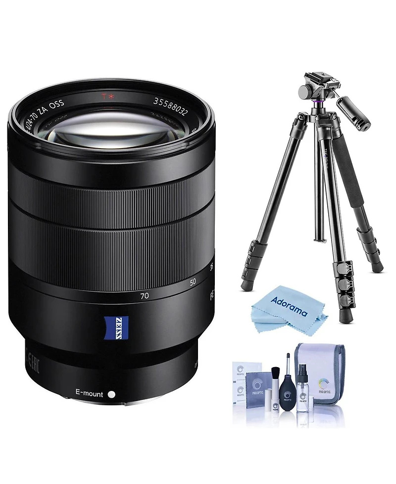 Sony Vario-Tessar T Fe 24-70mm f/4 Za Oss Lens for Sony E, Bundle with Takama 3-Section Aluminum Video Tripod with Fluid Head, Cleaning Kit, Cleaning