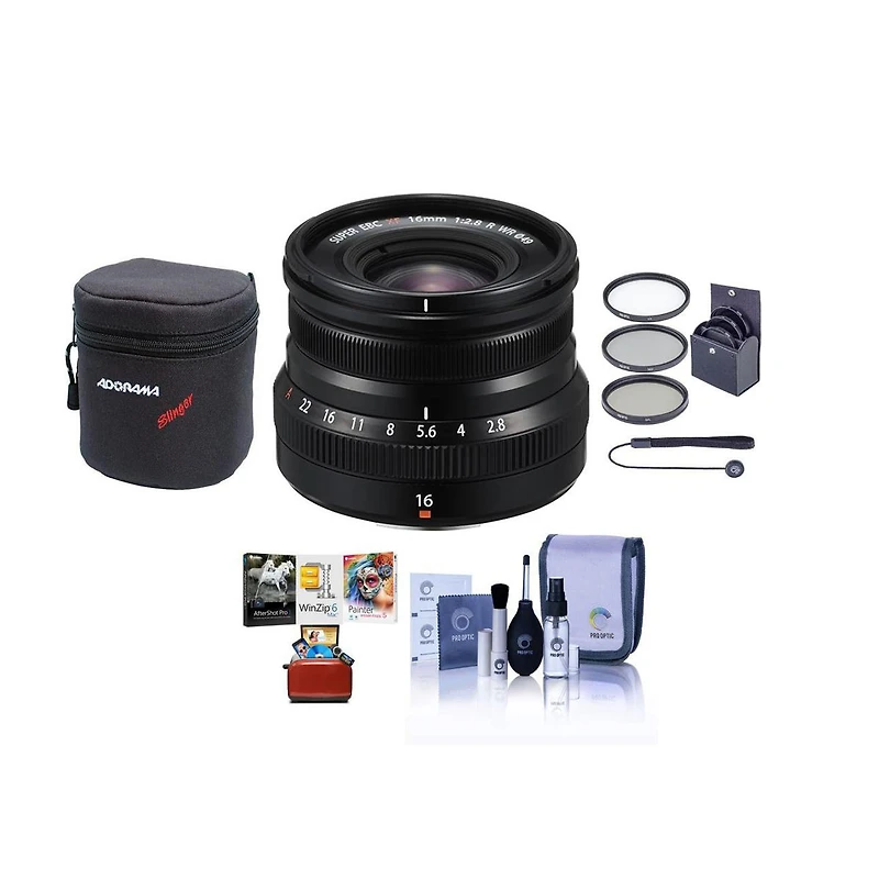Fujifilm Xf 16mm f/2.8 R Wr Lens, Black, Bundle with ProOptic 49mm Filter Kit, Lens Case, Cleaning Kit, Lens Cap Tether, Mac Software Package