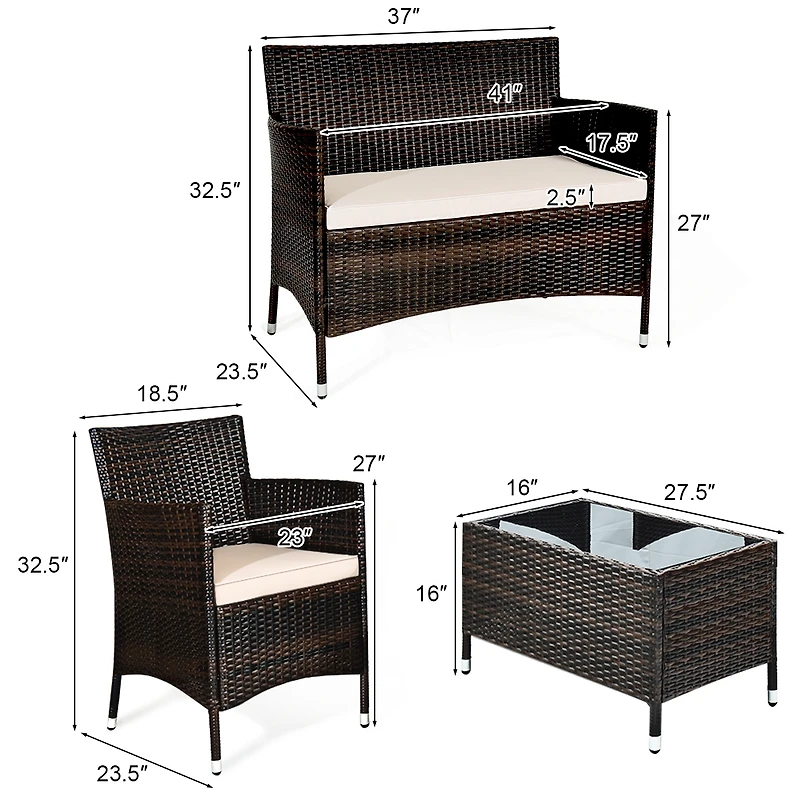 4PCS Rattan Patio Furniture Set Cushioned Sofa Chair Coffee Table Garden