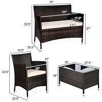 4PCS Rattan Patio Furniture Set Cushioned Sofa Chair Coffee Table Garden