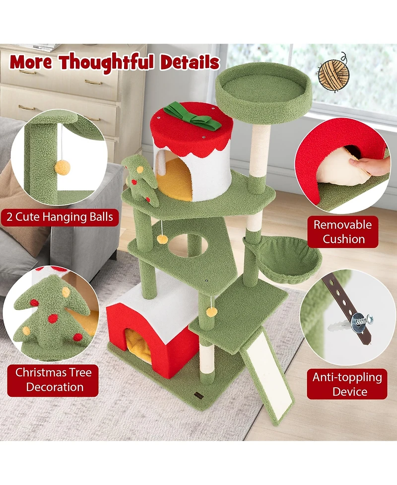 Gymax 61'' Tall Christmas Cat Tree w/ Sisal Scratching Posts Plush Perch & 2 Condos