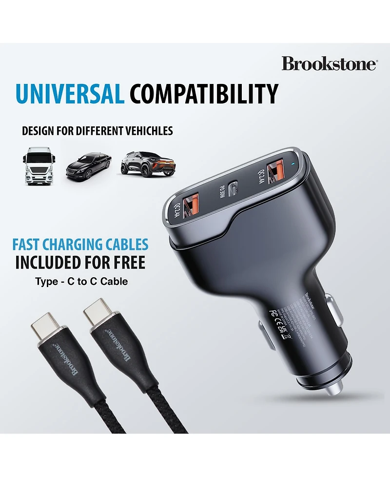 Brookstone Tripple Port Pd 50 Watt Rapid Car Charger and 4FT Lightning Cable Charging Kit
