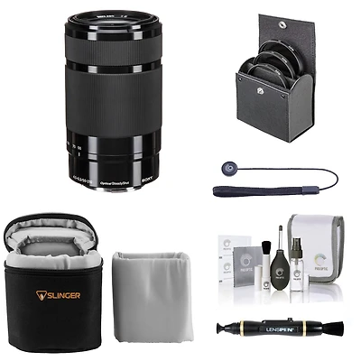 Sony E 55-210mm f/4.5-6.3 Oss Lens for Sony E, Black, Bundle with 49mm Filter Kit, Lens Case, Lens Cleaner, Cleaning Kit, Lens Cap Tether