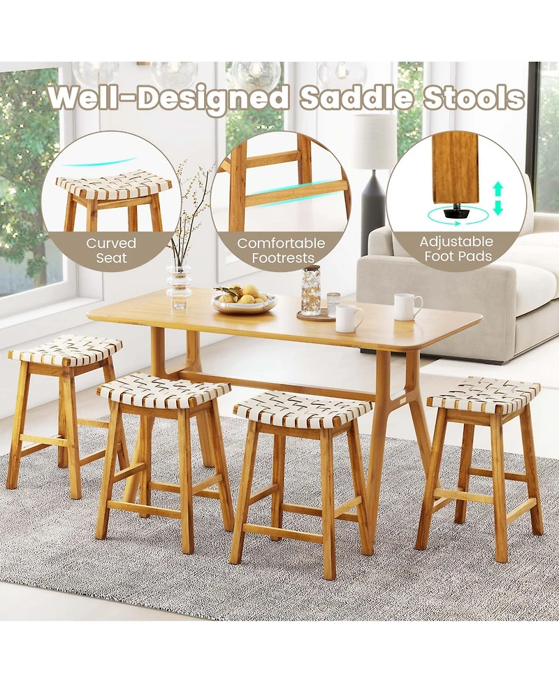 Woven Saddle Stools Set of 2 25.5'' Faux Pu Leather Counter Height Kitchen Stool