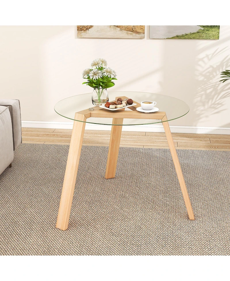 Round Glass Dining Table for 4 with Rubber Wood Frame