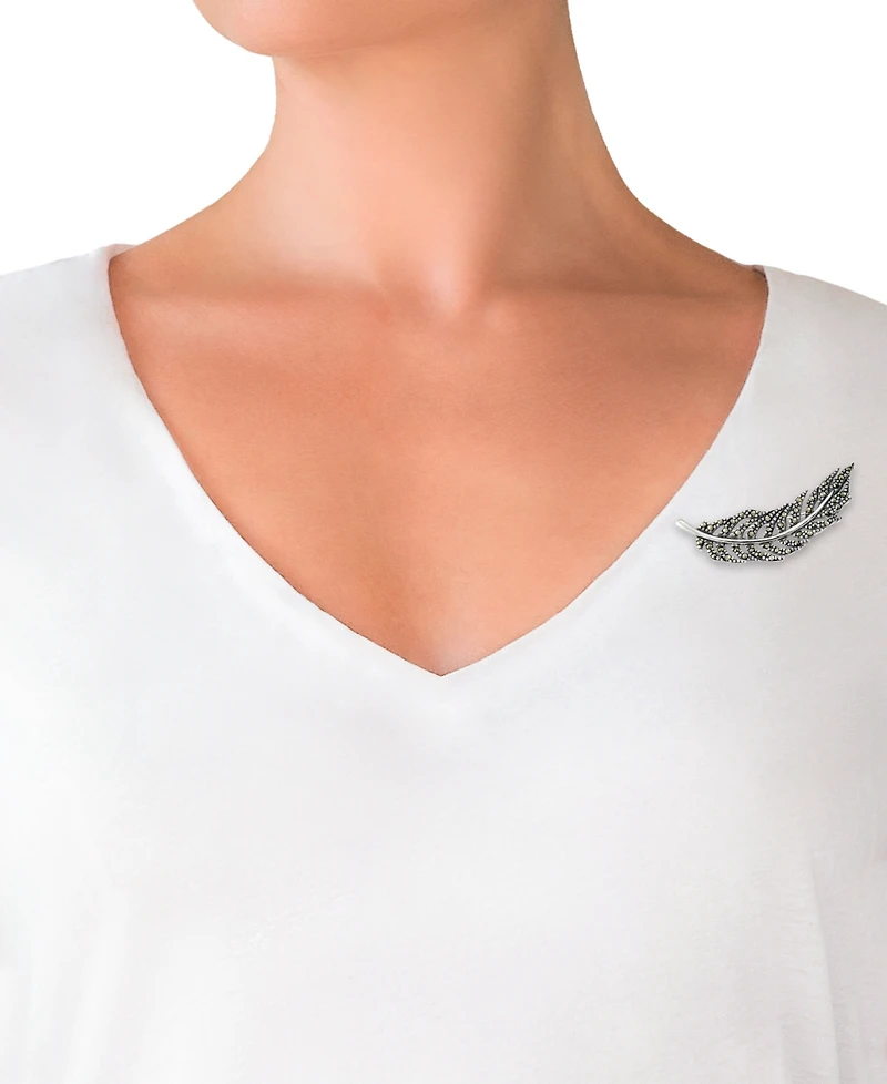 Marcasite Feather Motif Fashion Pin in Sterling Silver