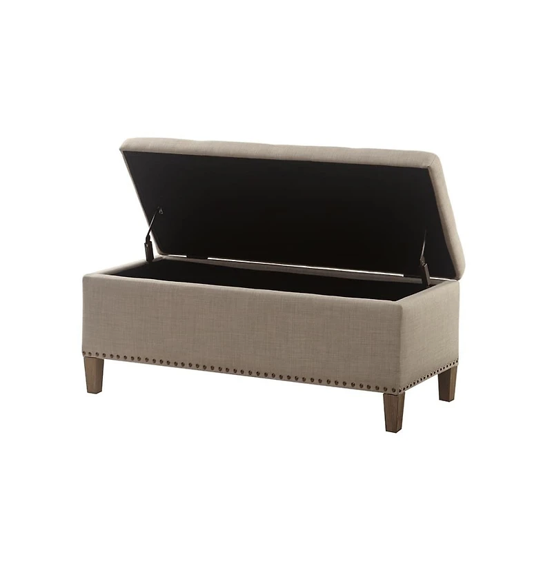 Modern Storage Bench with Soft-Close Lid, Grey Linen Upholstery, Black Wood Legs for Bedroom or Entryway-The Pop Home