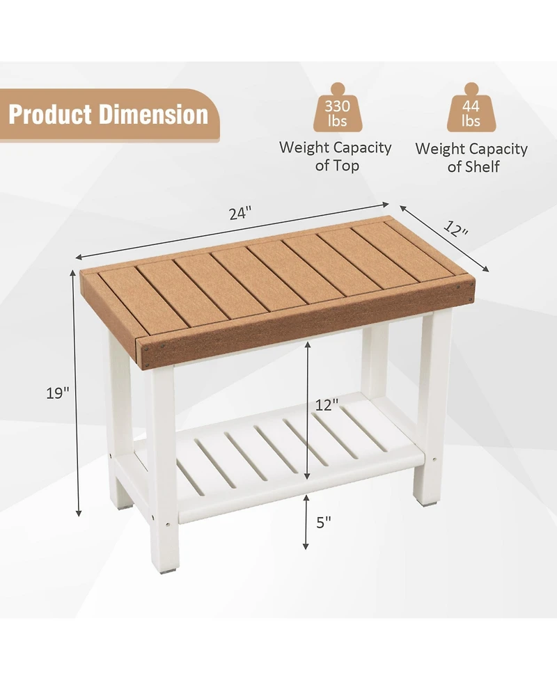 2-Tier Hdpe Shower Chair with Storage Shelf and Anti-slip Foot Pads for Bath Spa-Brown