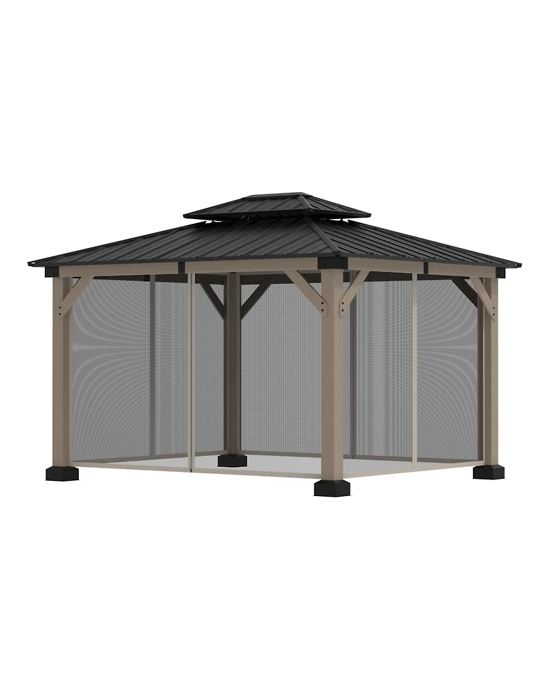 Mondawe 12 ft. x 10 ft. Outdoor Fir Solid Wood Frame Patio Gazebo Canopy Shelter with Galvanized Steel Hardtop Roof Pavilion