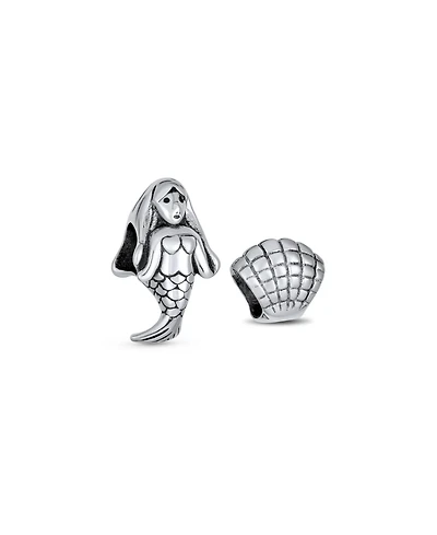 Bling Jewelry Set of 2 Nautical Clam Shell and Sea Mermaid Charm Bead Sterling Silver