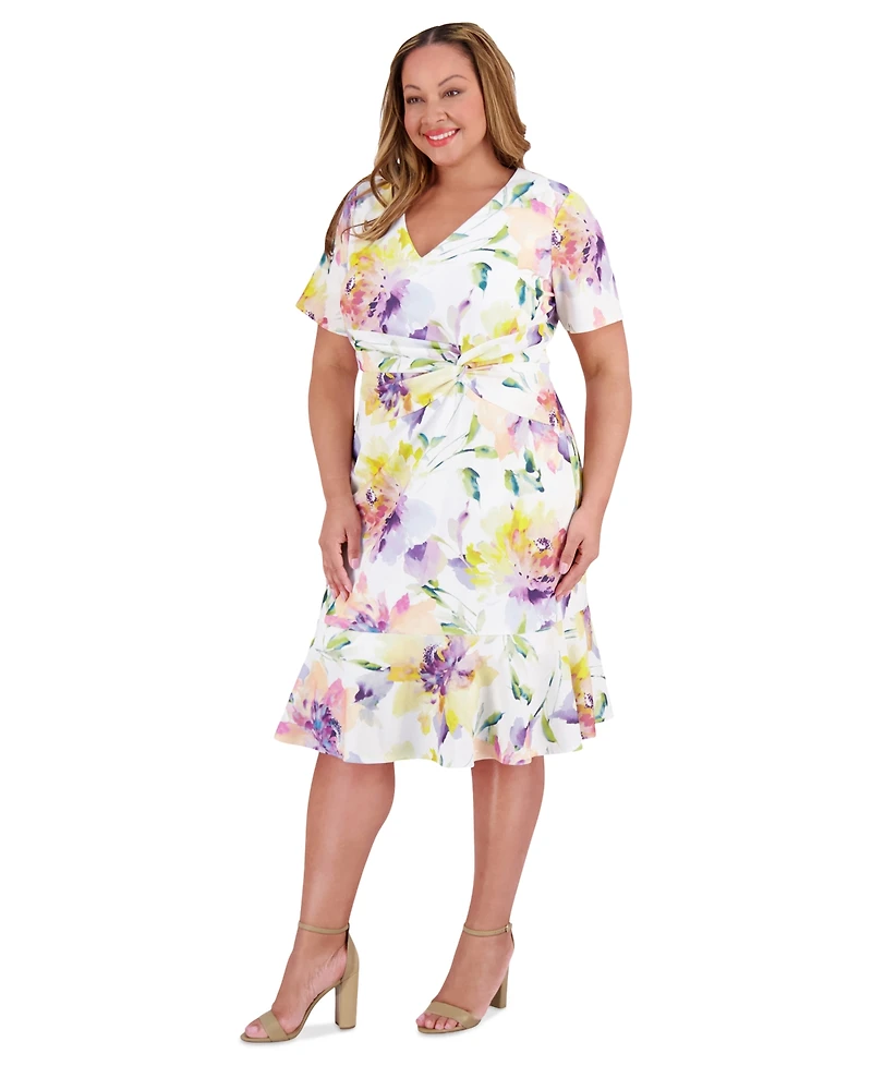 London Times Plus Size Twist-Front Ruffle-Hem Midi Dress