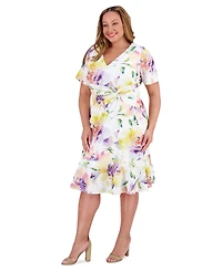 London Times Plus Size Twist-Front Ruffle-Hem Midi Dress