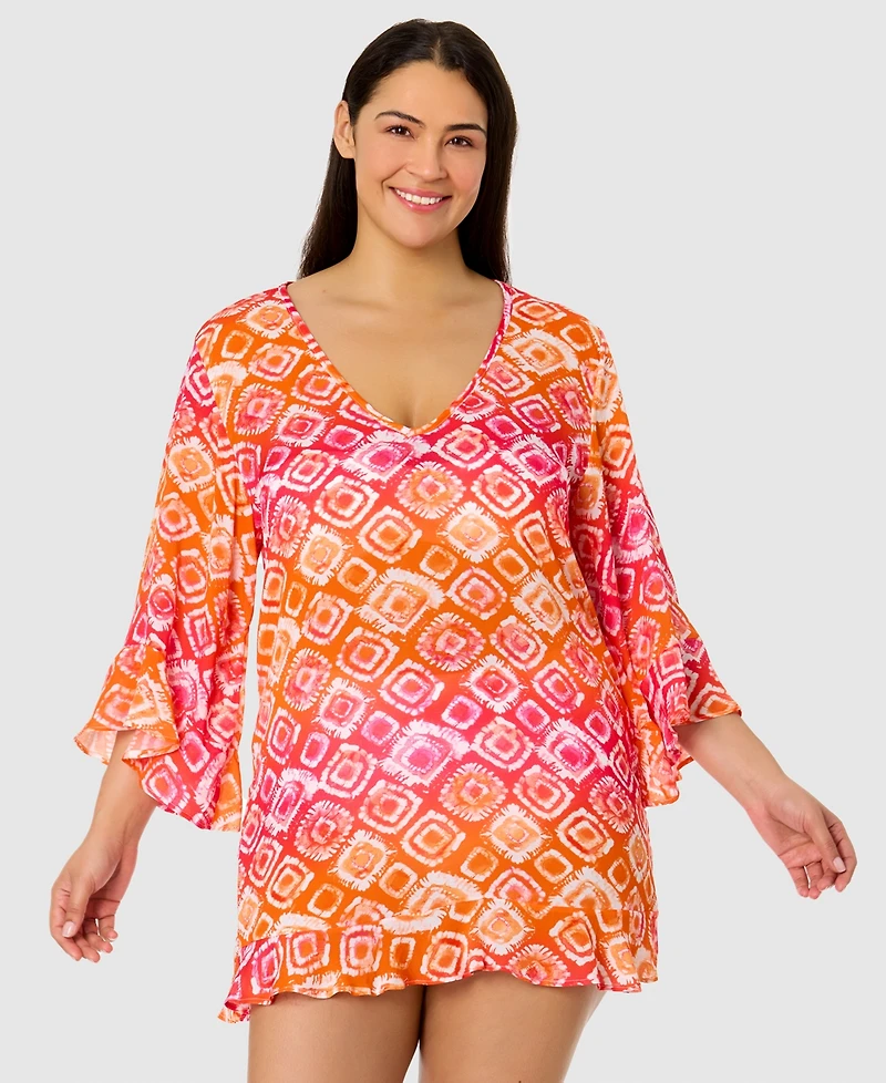 Anne Cole Plus Size Printed Flounce Tunic Swim Cover-Up