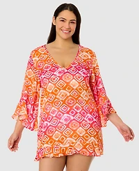 Anne Cole Plus Size Printed Flounce Tunic Swim Cover-Up
