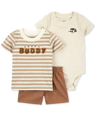 Carter's Baby Boys Happy Buddy Striped T-Shirt, Bodysuit & Shorts, 3 Piece Set
