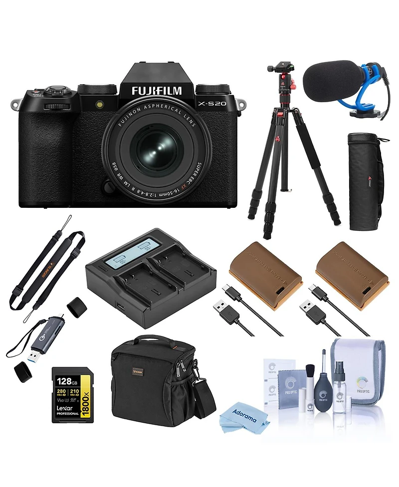 Fujifilm X-S20 Mirrorless Camera with Xf 16-50mm f/2.8-4.8 R Lm Wr Lens, Black, Bundle with 2x Battery, Tripod, Shotgun Microphone, 58mm Filter Kit an