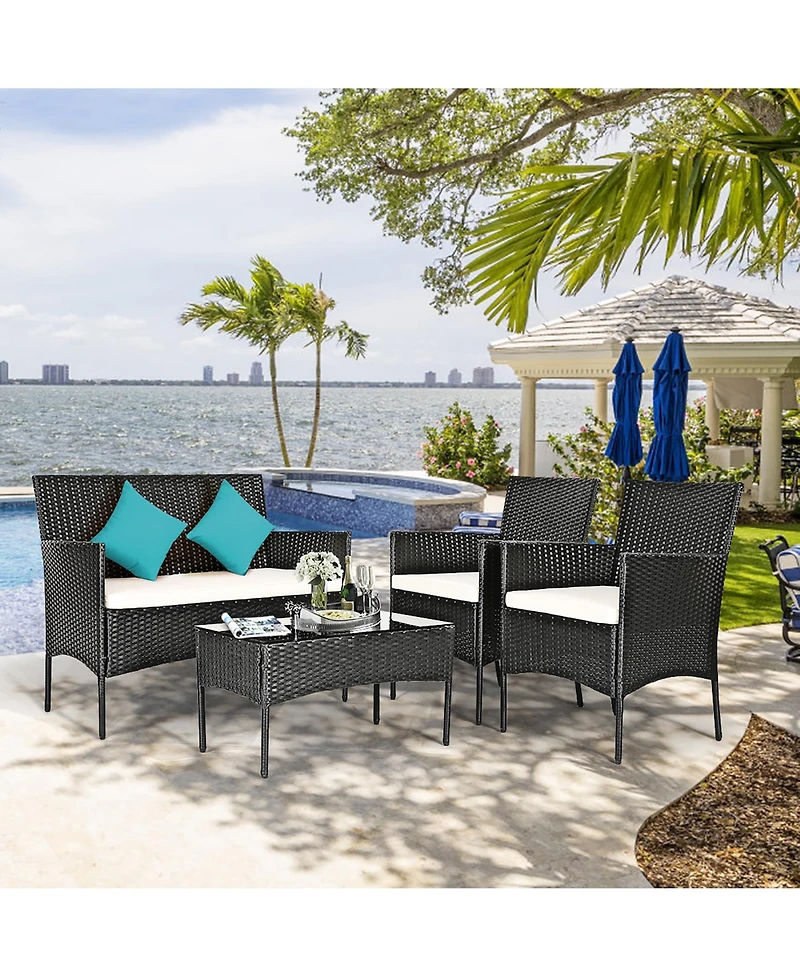 4PCS Patio Rattan Furniture Set Cushioned Sofa Coffee Table Backyard Porch