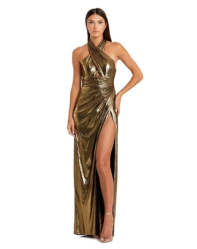 Mac Duggal Women's Metallic Criss Cross Halter Neck Gown