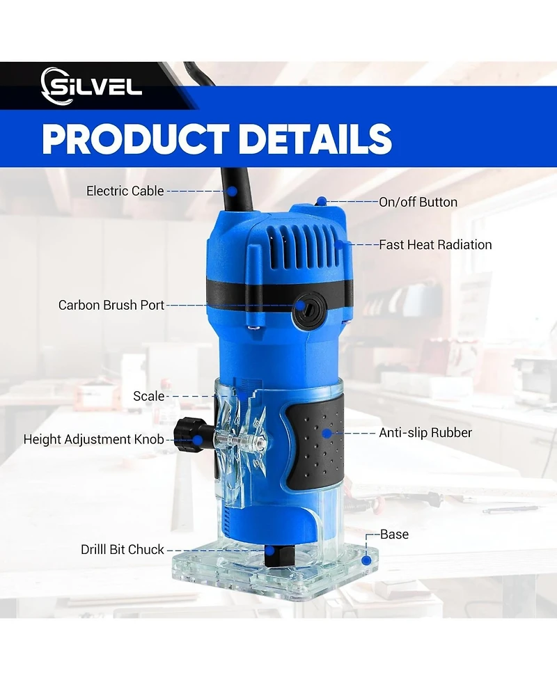 Silvel Wood Router, 800W Wood Routers for Woodworking, 6.5Amp 1.25HP Hand Wood Router Tool