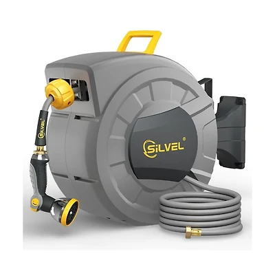 Silvel Retractable Garden Hose Reel, 1/2 x 110 ft Wall Mounted with 10 Pattern Nozzle, Any Length Lock, Slow Return System, 180&#