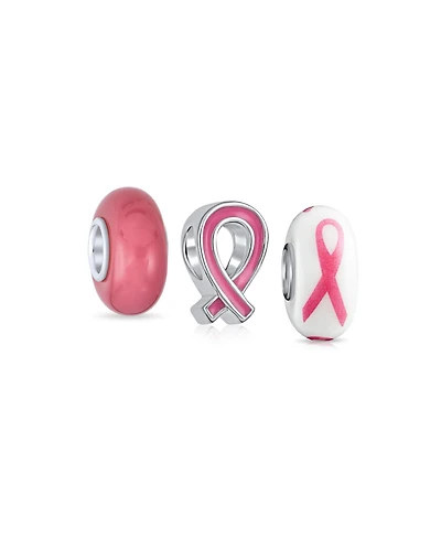 Bling Jewelry Set of 3 Breast Cancer Survivor Pink Ribbon Glass Spacer Charm Bead Silver Core