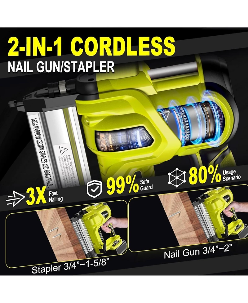 Silvel 18 Gauge Cordless Brad Nailer, 2 1 Nail Gun/Electric Stapler, 21V Battery Powered Gun, Fast Charging for Woodworking,Home Im
