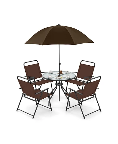 6 Pieces Patio Dining Set Folding Chairs Glass Table Tilt Umbrella for Garden