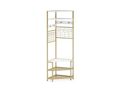 Corner Hall Tree with 5-Tier Shelves and Shoe Bench for Entryway Organization