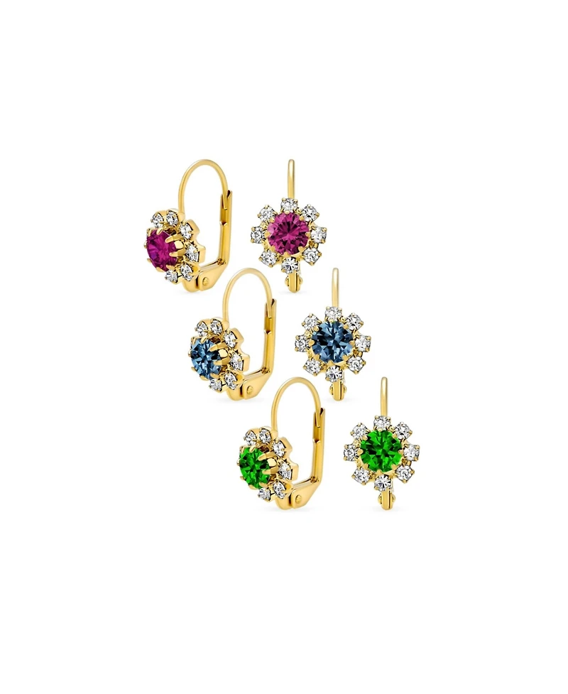 Bling Jewelry Set of 3 Multi Color Crystal Flower Gold Plated Drop Earrings Lever Back
