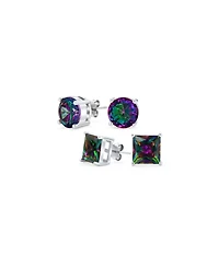 Bling Jewelry Set of 2 Round & Square Mystic Rainbow Cz Stud Earrings Sterling Silver
