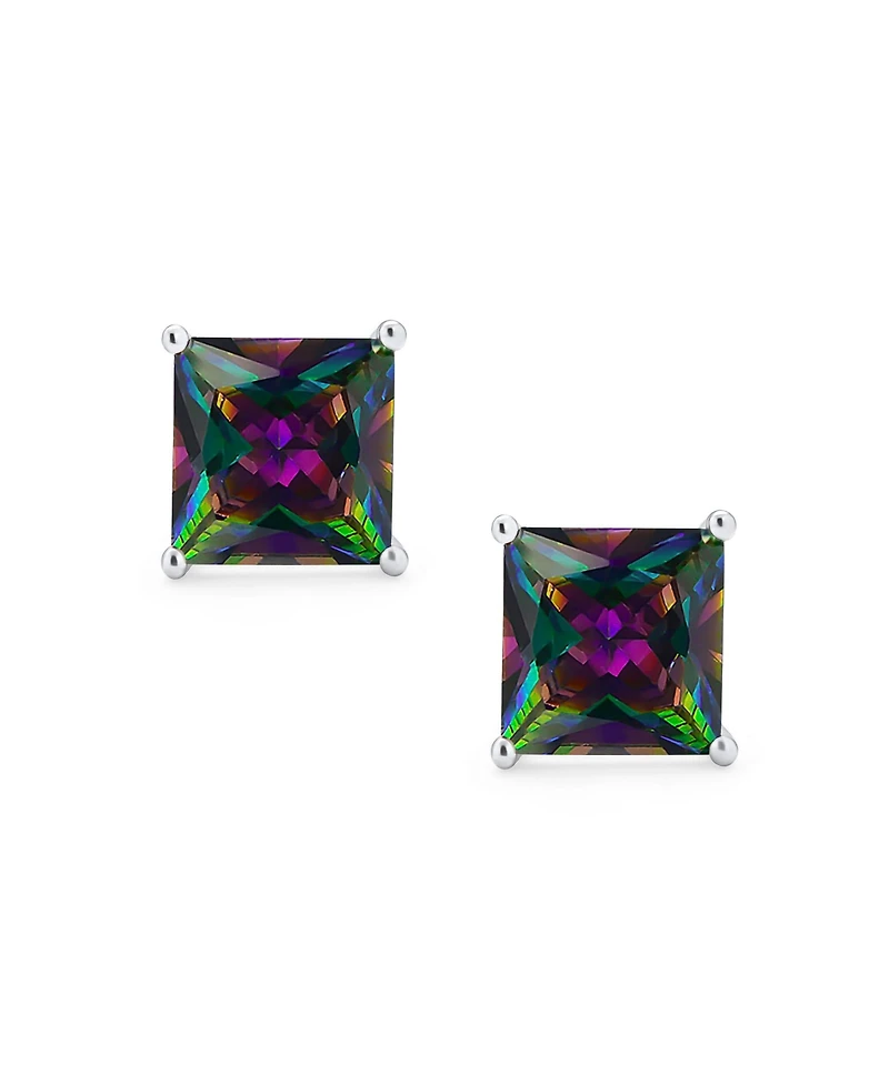 Bling Jewelry Set of 2 Round & Square Mystic Rainbow Cz Stud Earrings Sterling Silver 5-10MM