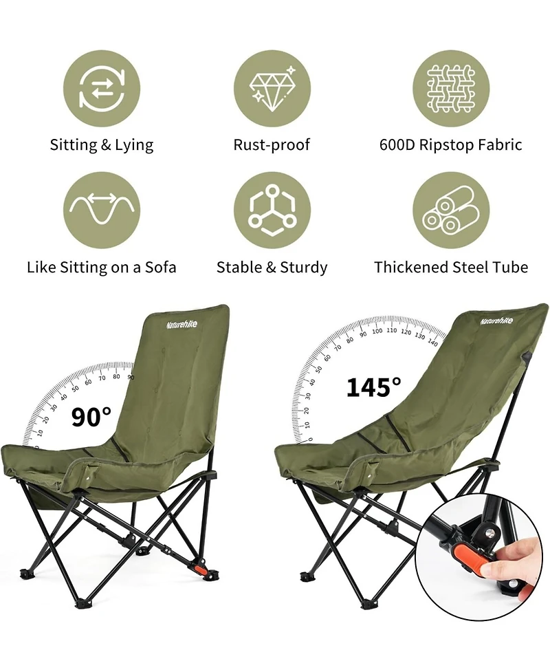 Naturehike Seastar Padded Camping Chair, Oversized 2-Position Adjustable Folding Chair, Portable Camp Chair with Side Pocket & Carry Bag