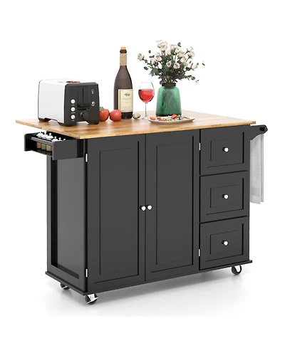 Kitchen Island Trolley Cart with Drop-Leaf Tabletop and Storage Cabinet – Space-Saving Rolling Cart for Cooking Prep