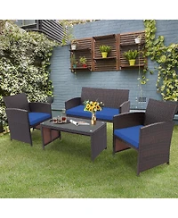 4PCS Patio Rattan Furniture Set Cushioned Chair Sofa Coffee Table