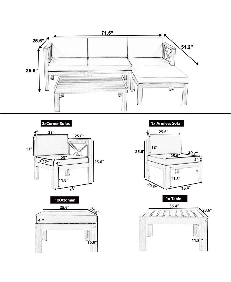 Mondawe Outdoor Wood 5-Piece Sectional Sofa Seating Group Set with Cushions