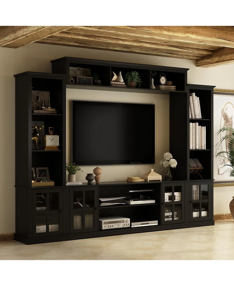 Grey Tv stand with top, left and right cabinets, multi-purpose media wooden console, entertainment center tempered glass