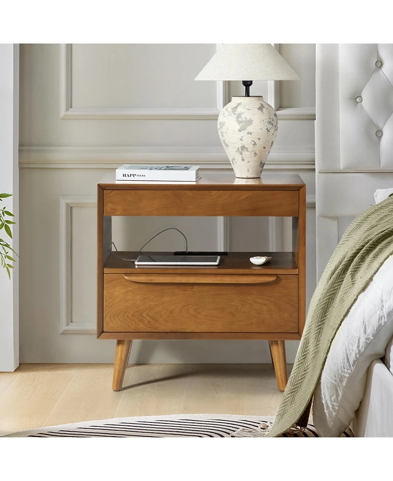 Jeraldo Mid-Century Modern 2-Drawer Nightstand with Built-In Outlets and Wooden Handle