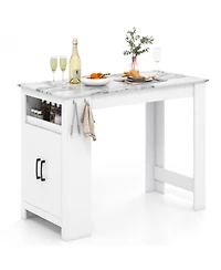 Faux Marble Bar Table with Storage Shelf and 7 Hooks for Home Bar or Kitchen