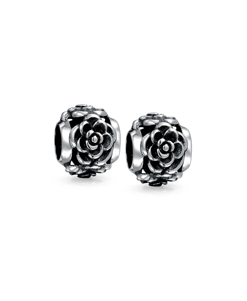 Bling Jewelry Set of 2 Flower Garden Black Rose Charm Bead Oxidized Sterling Silver