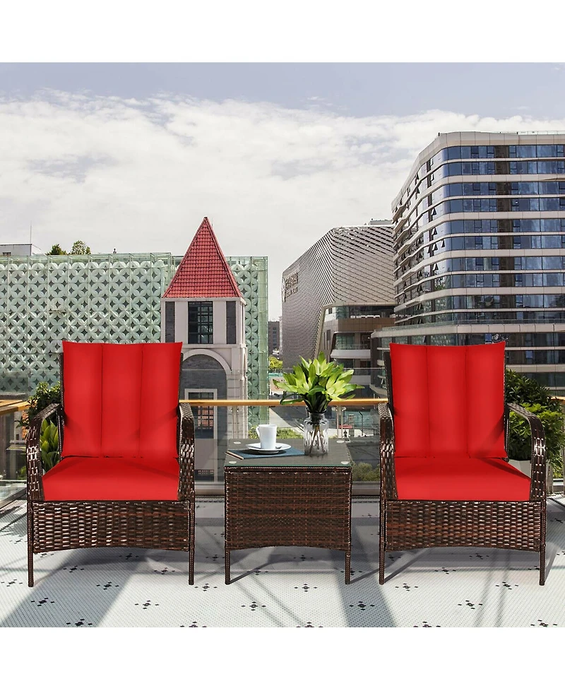 3 Pcs Patio Rattan Furniture Set Coffee Table & 2 Rattan Chair