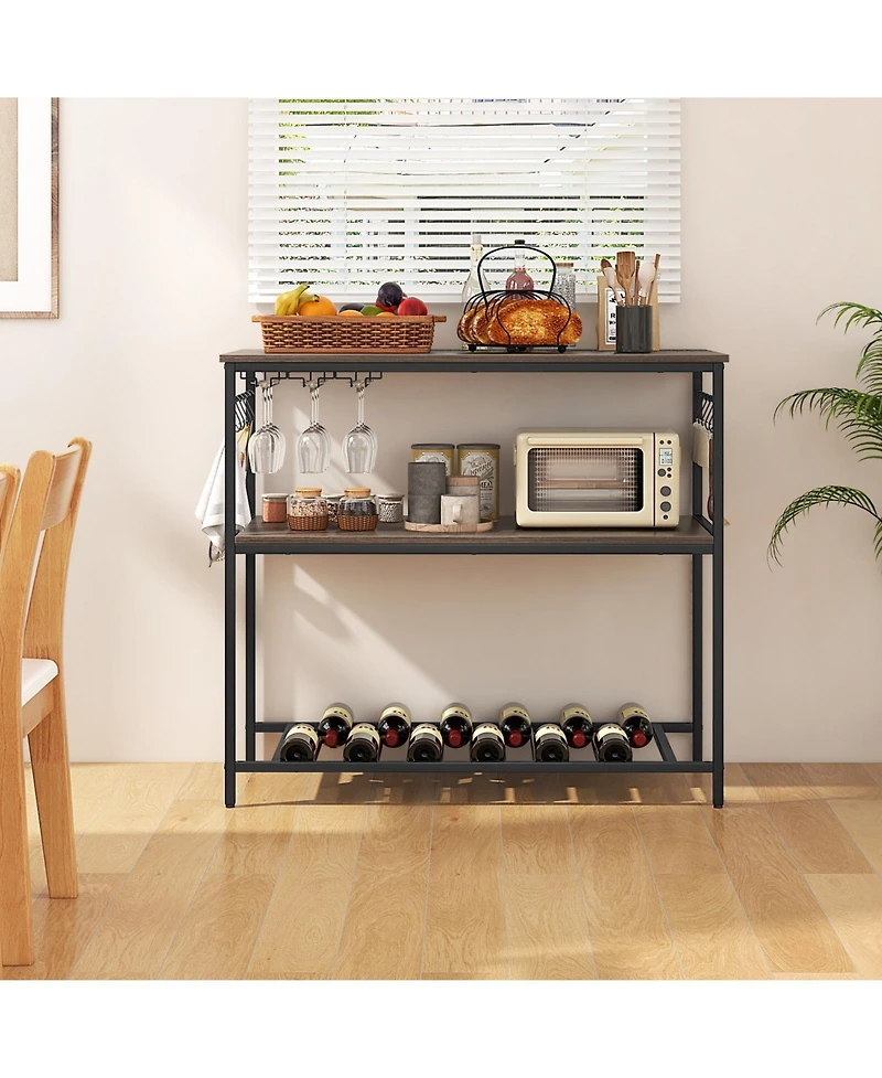 3-Shelf Kitchen Island with Wine Glass Holders and 10 Hooks – Versatile Storage Cart with Built-In Wine Glass and Hook Storage