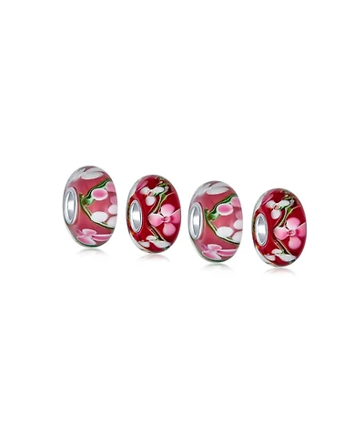 Bling Jewelry Set of 4 Pink Red Floral Hibiscus Glass Charm Bead Silver for European Bracelet
